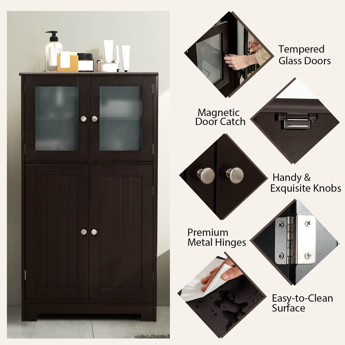 Bathroom Floor Storage Locker Kitchen Cabinet with Doors and Adjustable Shelf-Brown view 7