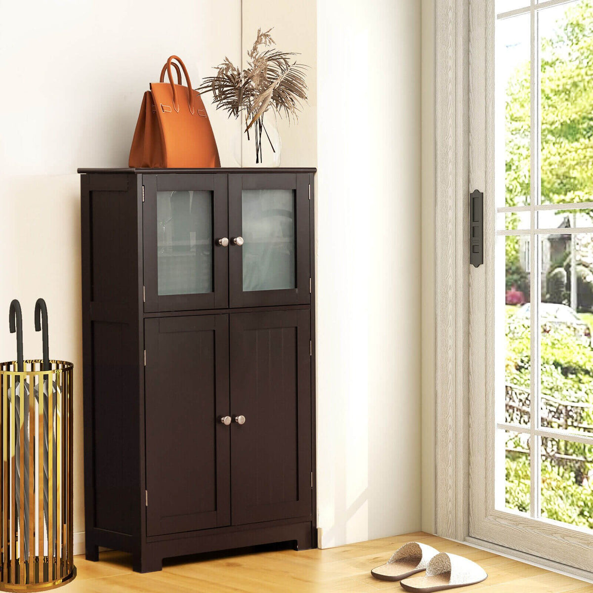 Bathroom Floor Storage Locker Kitchen Cabinet with Doors and Adjustable Shelf-Brown view 9