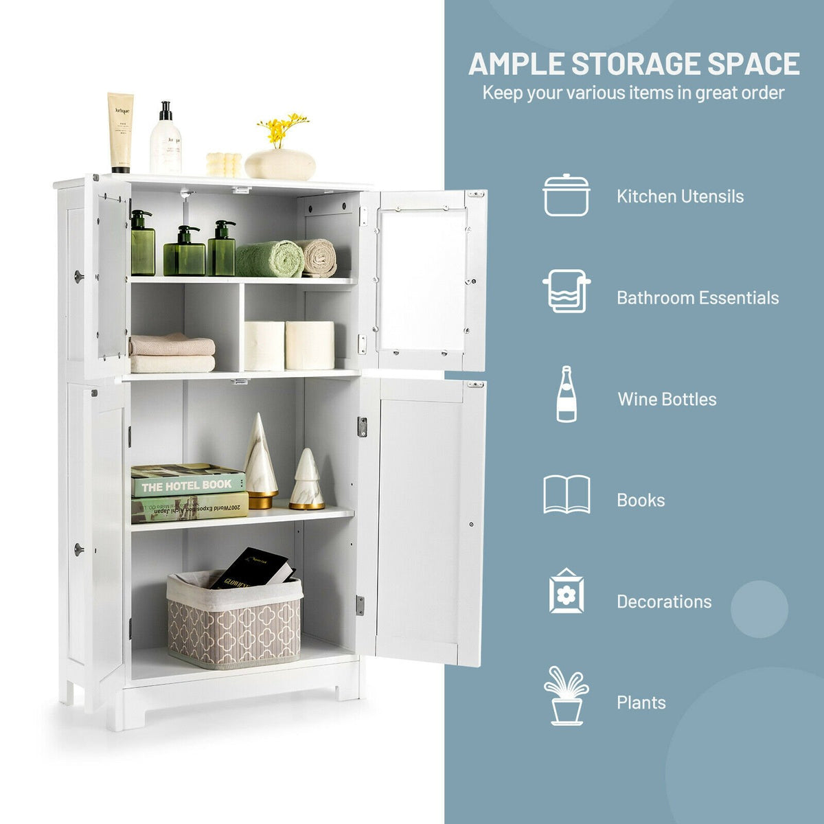 Bathroom Floor Storage Locker Kitchen Cabinet with Doors and Adjustable Shelf-White view 8