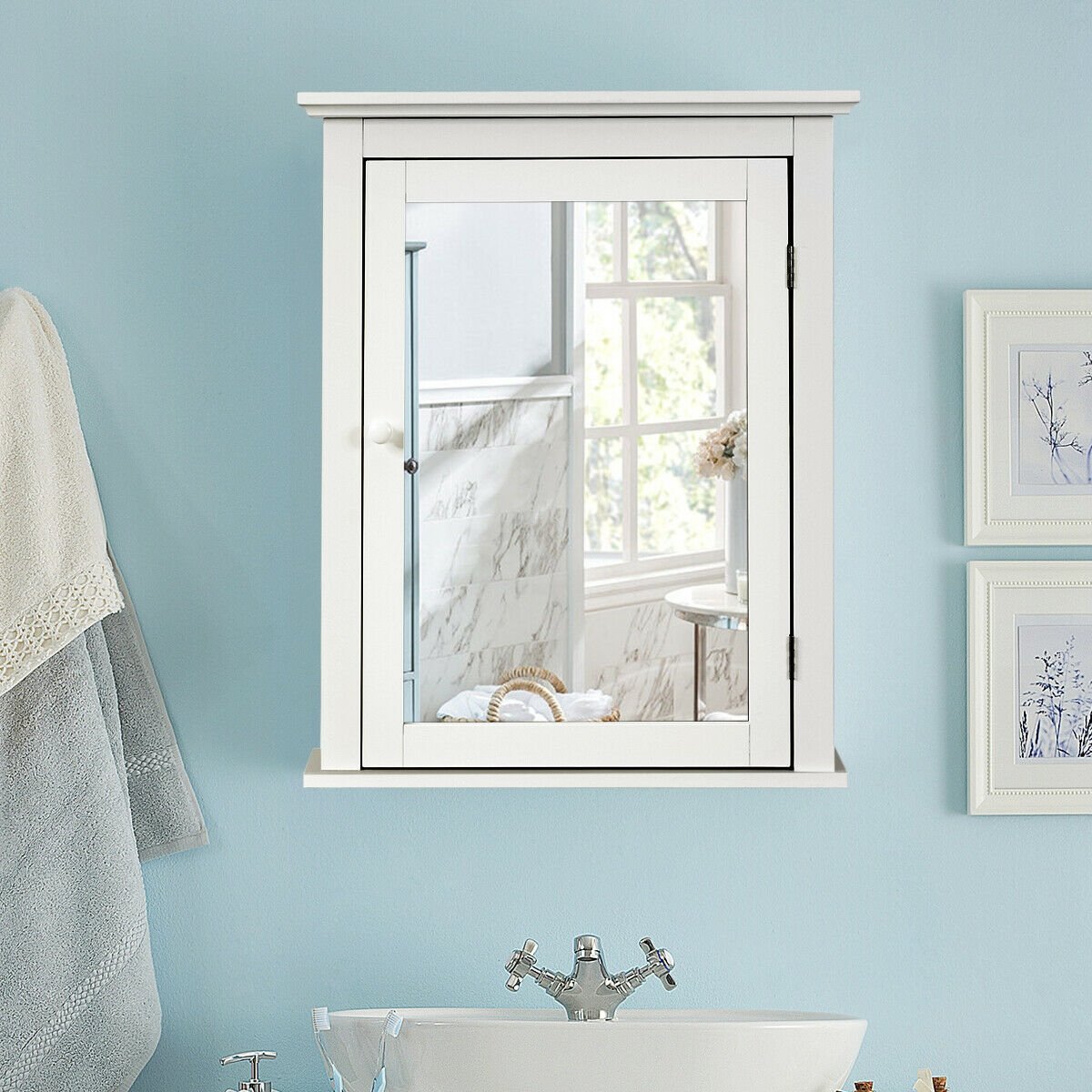 Bathroom Mirror Cabinet Wall Mounted Adjustable Shelf Medicine Storage-White view 2