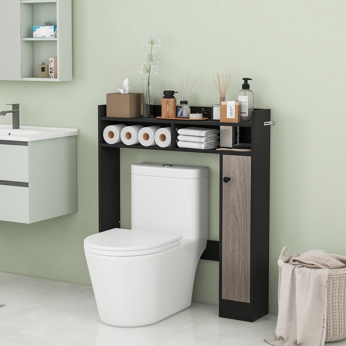 Bathroom Over the Toilet Floor Storage Organizer with Adjustable Shelves-Black view 2