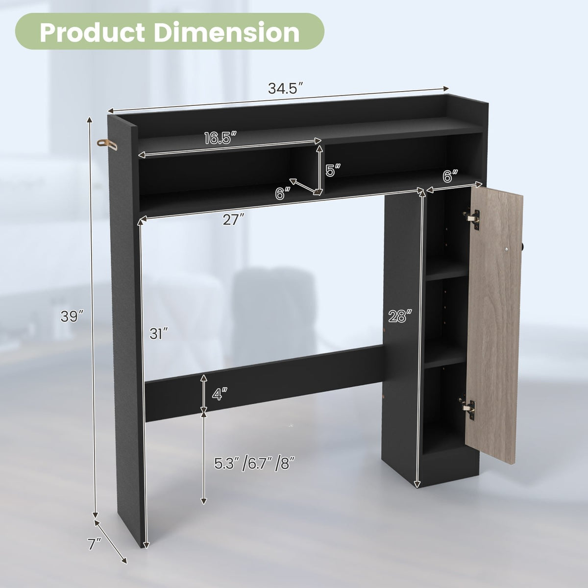 Bathroom Over the Toilet Floor Storage Organizer with Adjustable Shelves-Black view 5
