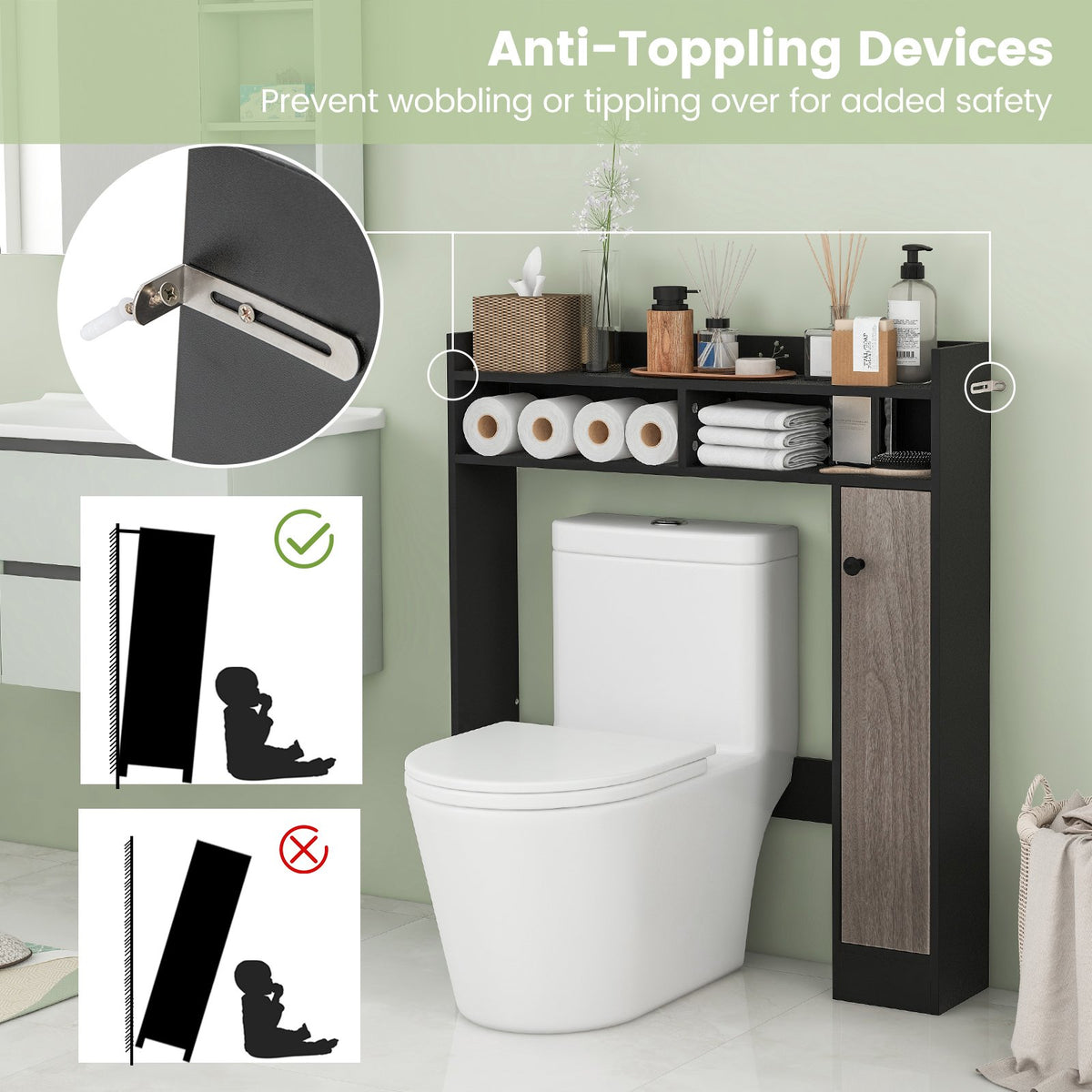Bathroom Over the Toilet Floor Storage Organizer with Adjustable Shelves-Black view 9
