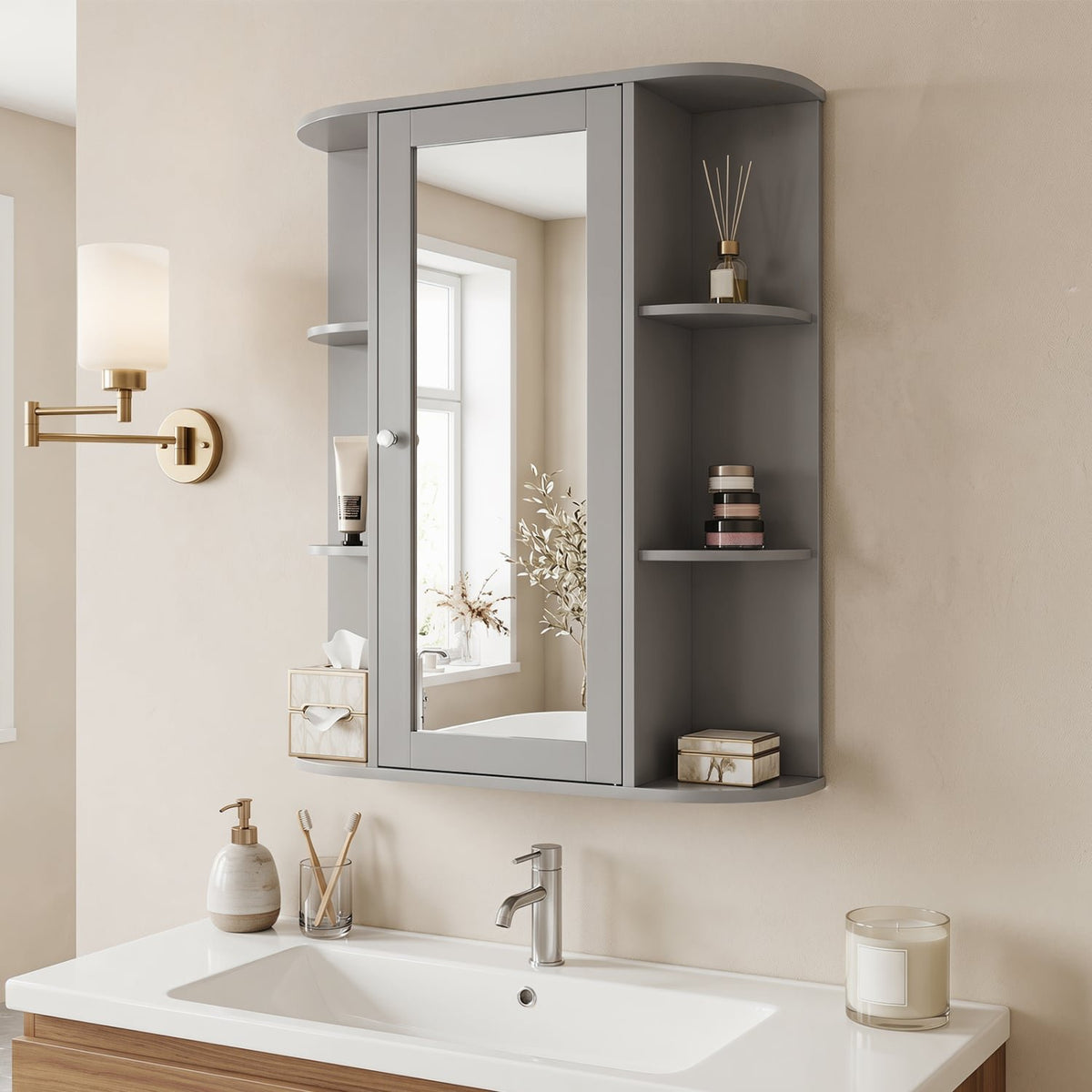 Bathroom Single Door Shelves Wall Mount Cabinet with Mirror-Gray view 2