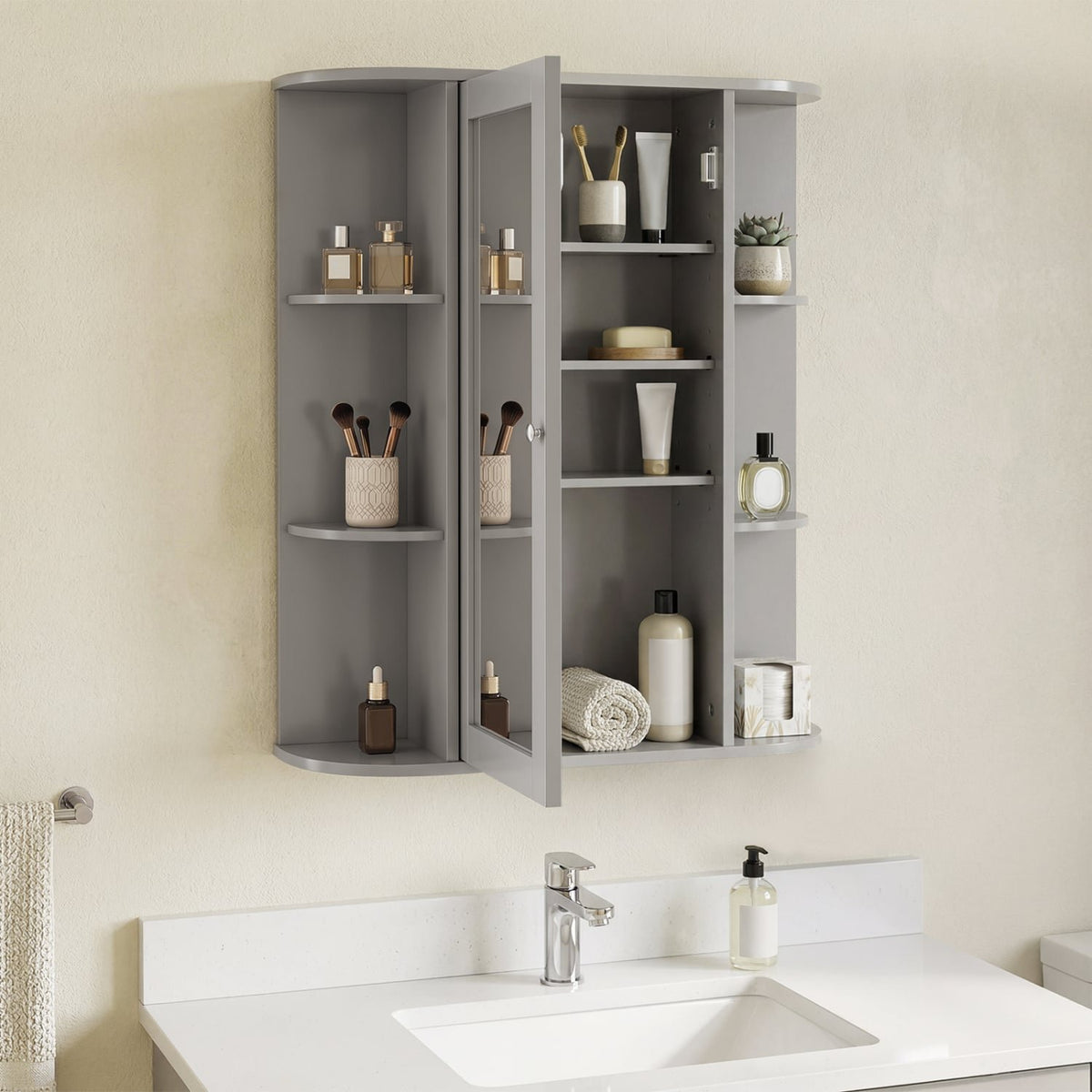 Bathroom Single Door Shelves Wall Mount Cabinet with Mirror-Gray view 3