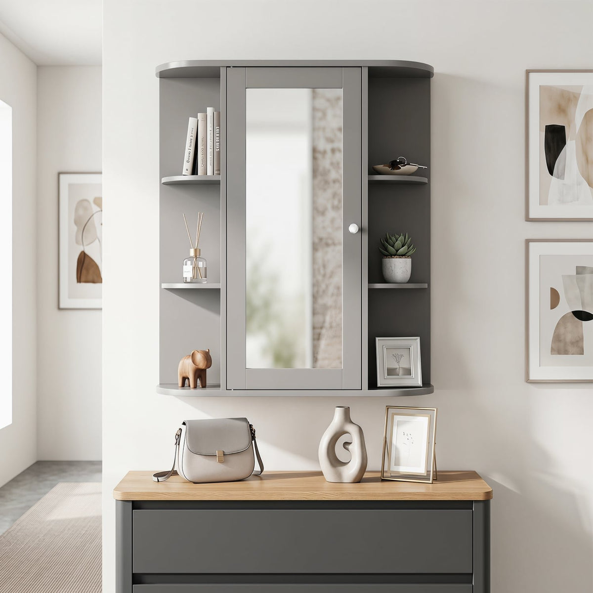 Bathroom Single Door Shelves Wall Mount Cabinet with Mirror-Gray view 6