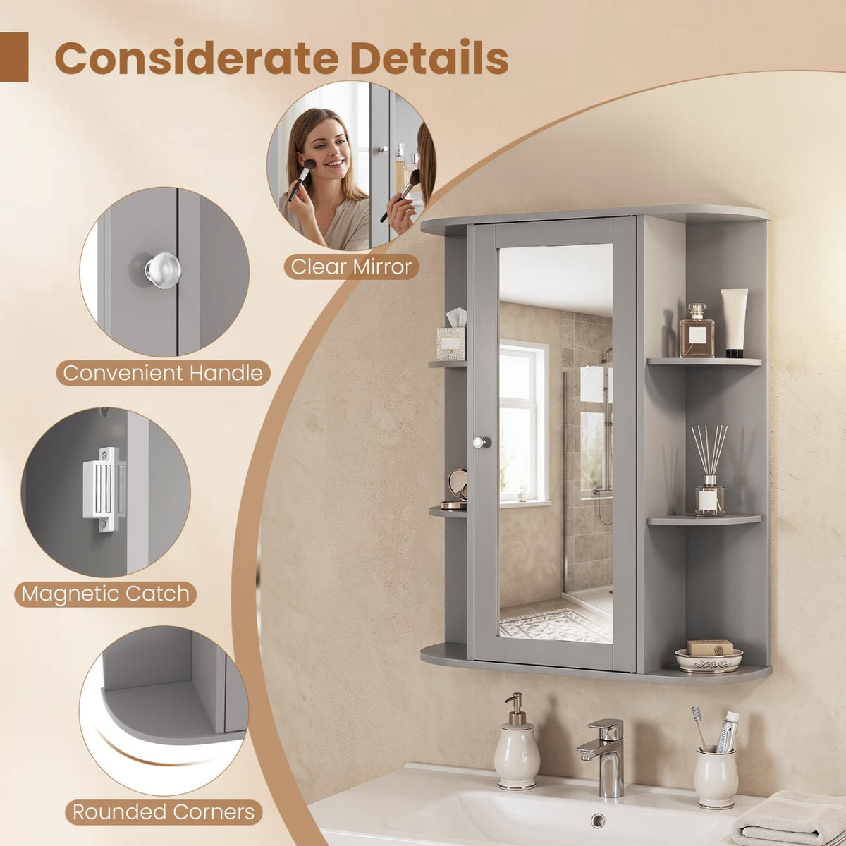 Bathroom Single Door Shelves Wall Mount Cabinet with Mirror-Gray view 8