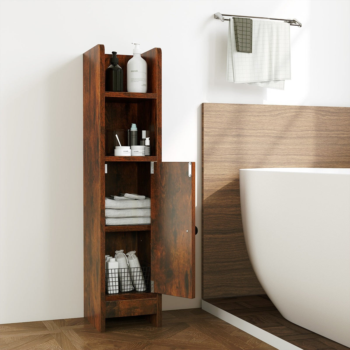 Bathroom Slim Cabinet Corner with Door and Adjustable Shelf-Rustic Brown view 2