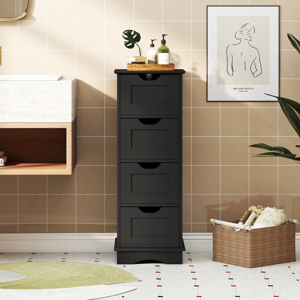 Bathroom Storage Cabinet with Cutout Handles and 4 Drawers-Black view 3