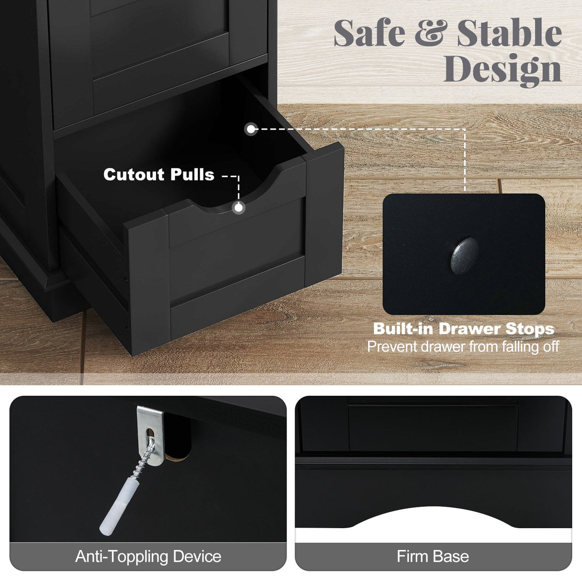 Bathroom Storage Cabinet with Cutout Handles and 4 Drawers-Black view 8