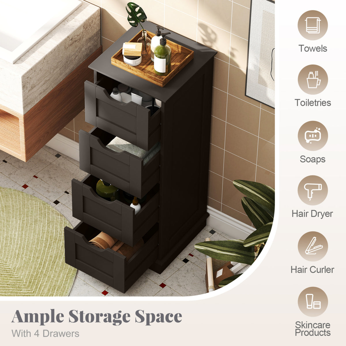Bathroom Storage Cabinet with Cutout Handles and 4 Drawers-Brown view 9