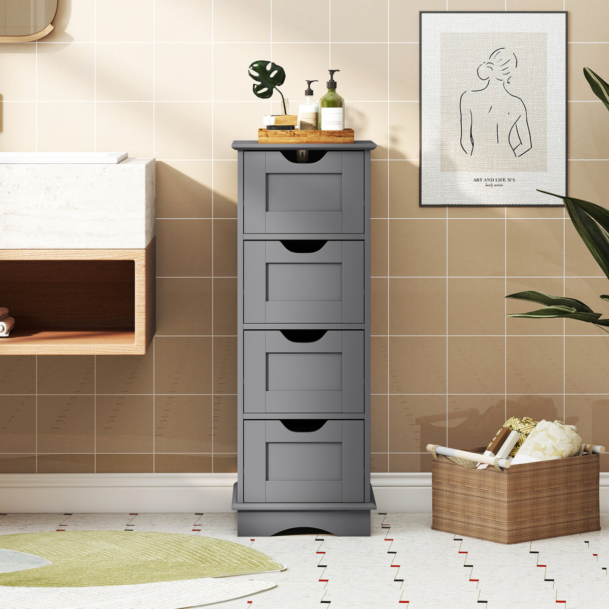 Bathroom Storage Cabinet with Cutout Handles and 4 Drawers-Gray view 7