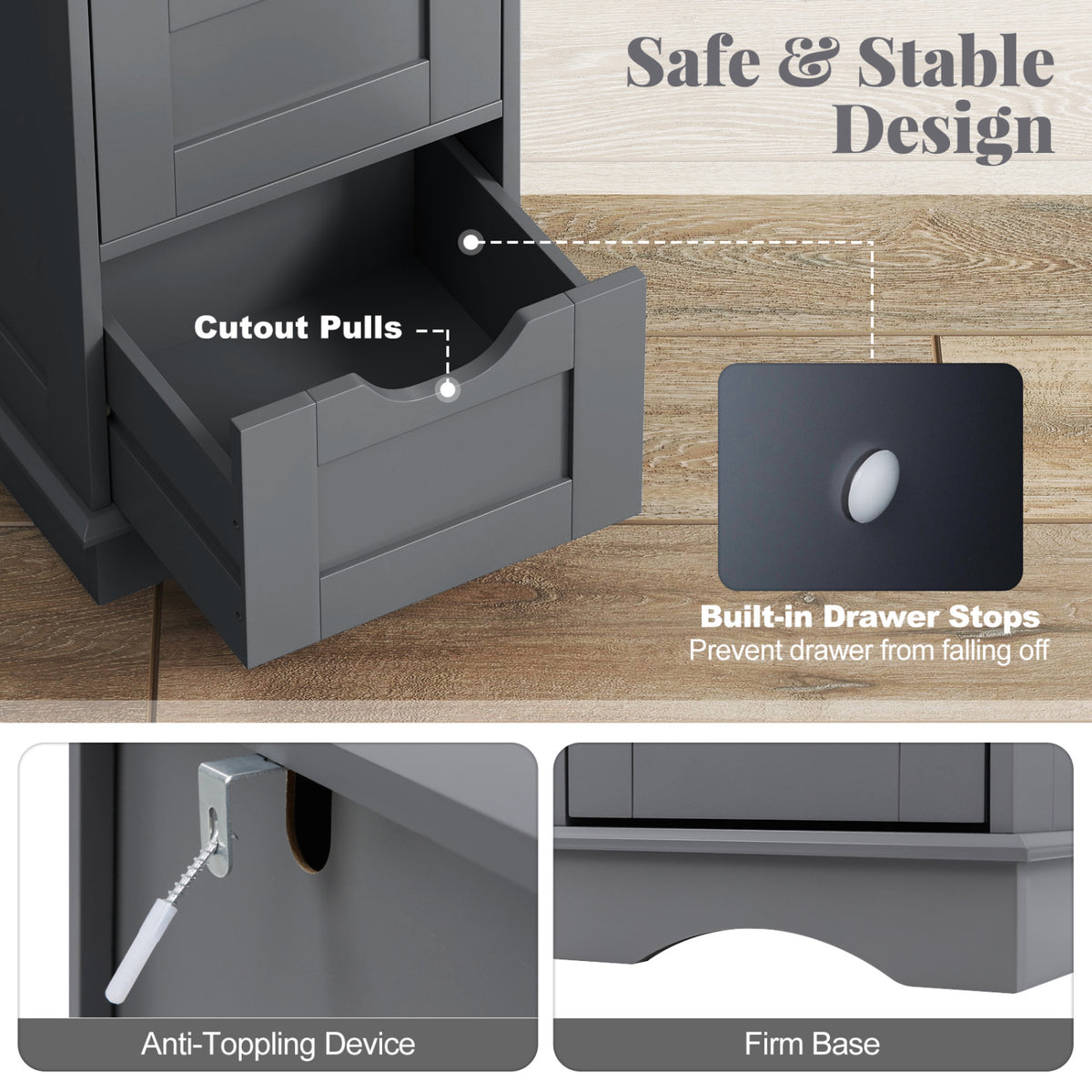 Bathroom Storage Cabinet with Cutout Handles and 4 Drawers-Gray view 8