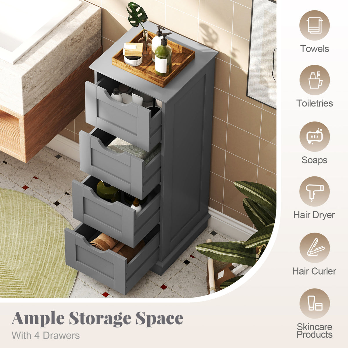 Bathroom Storage Cabinet with Cutout Handles and 4 Drawers-Gray view 9