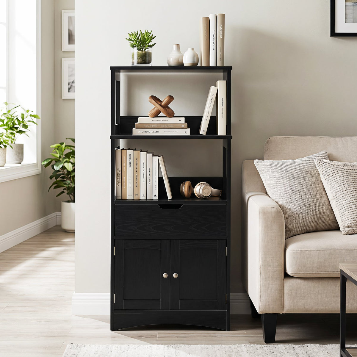 Bathroom Storage Cabinet with Drawer and Shelf Floor Cabinet-Black view 2