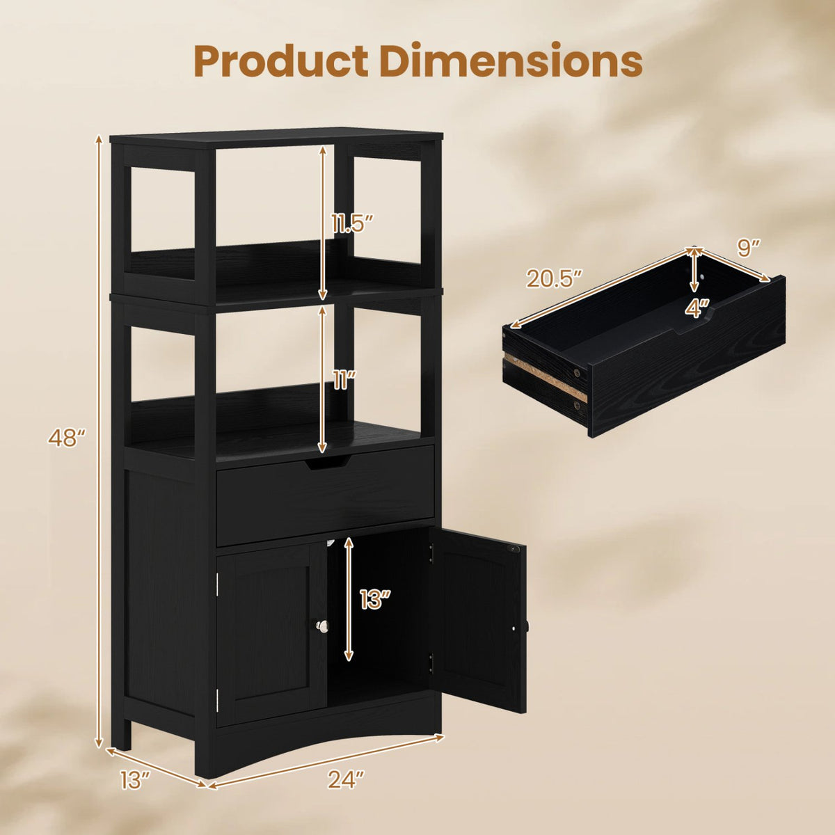 Bathroom Storage Cabinet with Drawer and Shelf Floor Cabinet-Black view 5