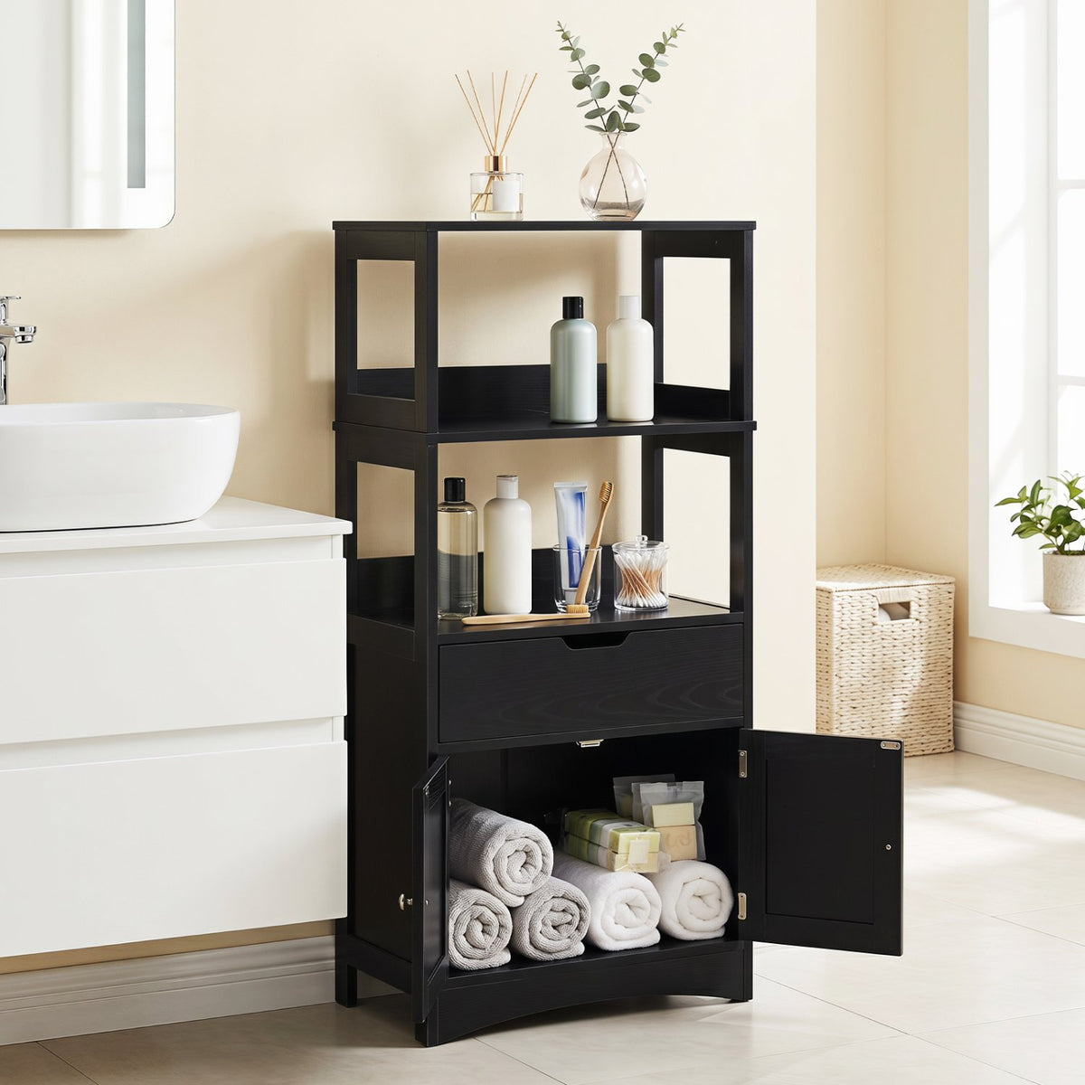 Bathroom Storage Cabinet with Drawer and Shelf Floor Cabinet-Black view 6