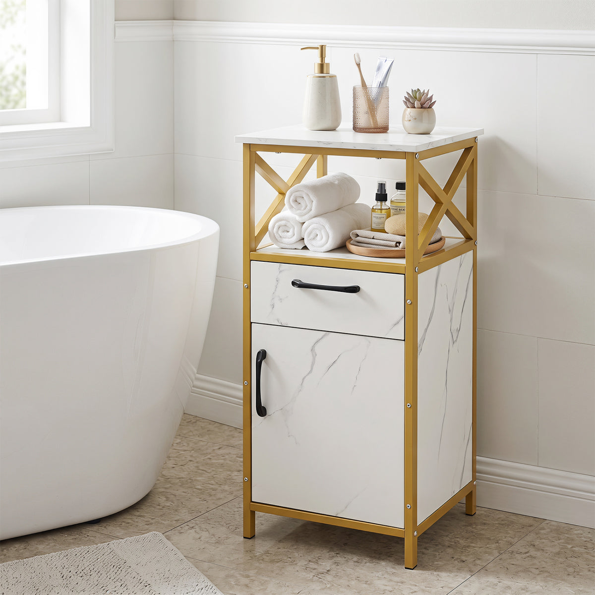 Bathroom Storage Cabinet with Drawer Single Door and Open Shelf-White view 2