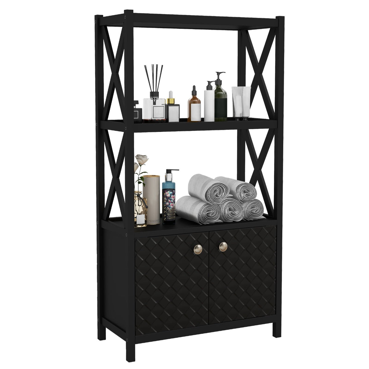 Bathroom Storage Cabinet with Open Shelves and Double Doors-Black