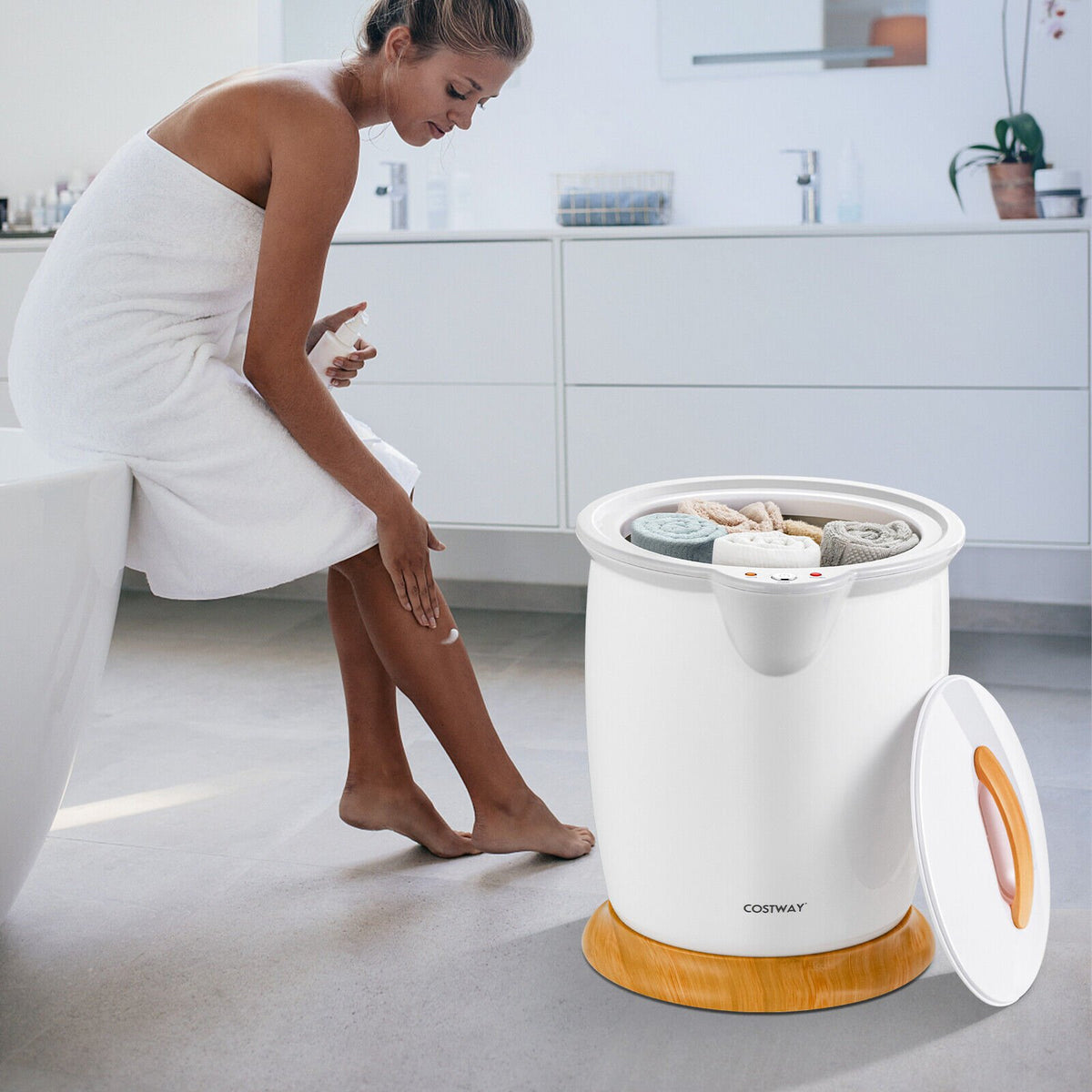 Bathroom Towel Warmer Bucket with Fragrance Holder and Auto Shut-White view 3