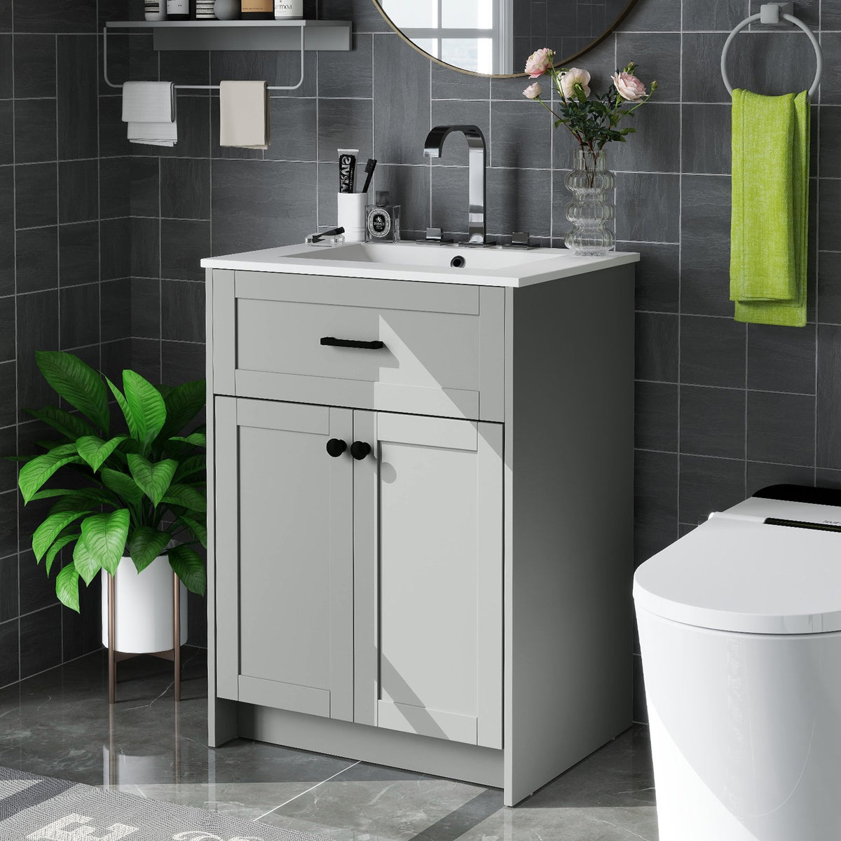 Bathroom Vanity Unit with Basin and 2 Doors-Gray view 3
