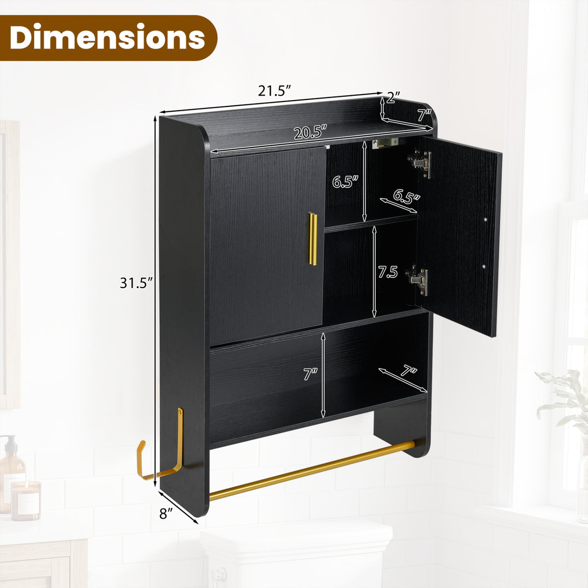 Bathroom Wall Cabinet Wall Mounted Medicine Cabinet with Towel Bars-Black view 5