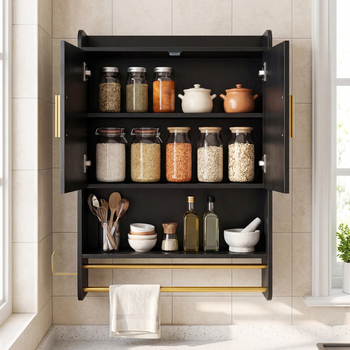 Bathroom Wall Cabinet Wall Mounted Medicine Cabinet with Towel Bars-Black view 6