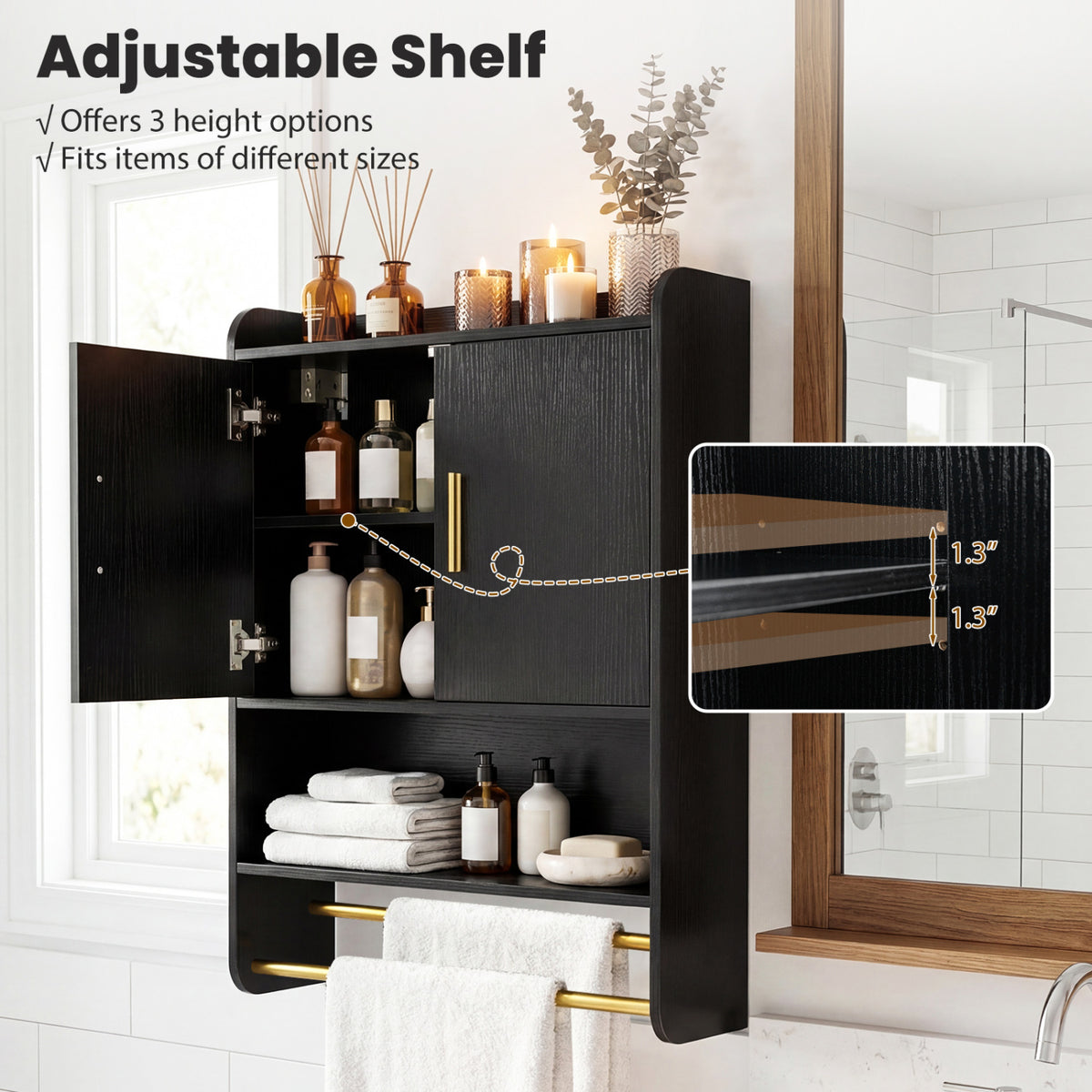 Bathroom Wall Cabinet Wall Mounted Medicine Cabinet with Towel Bars-Black view 9