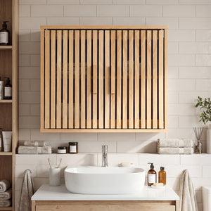 Bathroom Wall Cabinet with 2 Slatted Doors and 3-Level Adjustable Shelves-Natural view 2