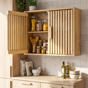 Bathroom Wall Cabinet with 2 Slatted Doors and 3-Level Adjustable Shelves-Natural view 3