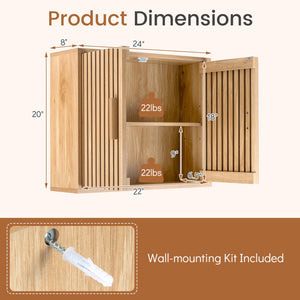 Bathroom Wall Cabinet with 2 Slatted Doors and 3-Level Adjustable Shelves-Natural view 5