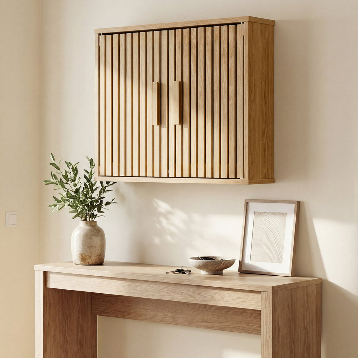 Bathroom Wall Cabinet with 2 Slatted Doors and 3-Level Adjustable Shelves-Natural view 6