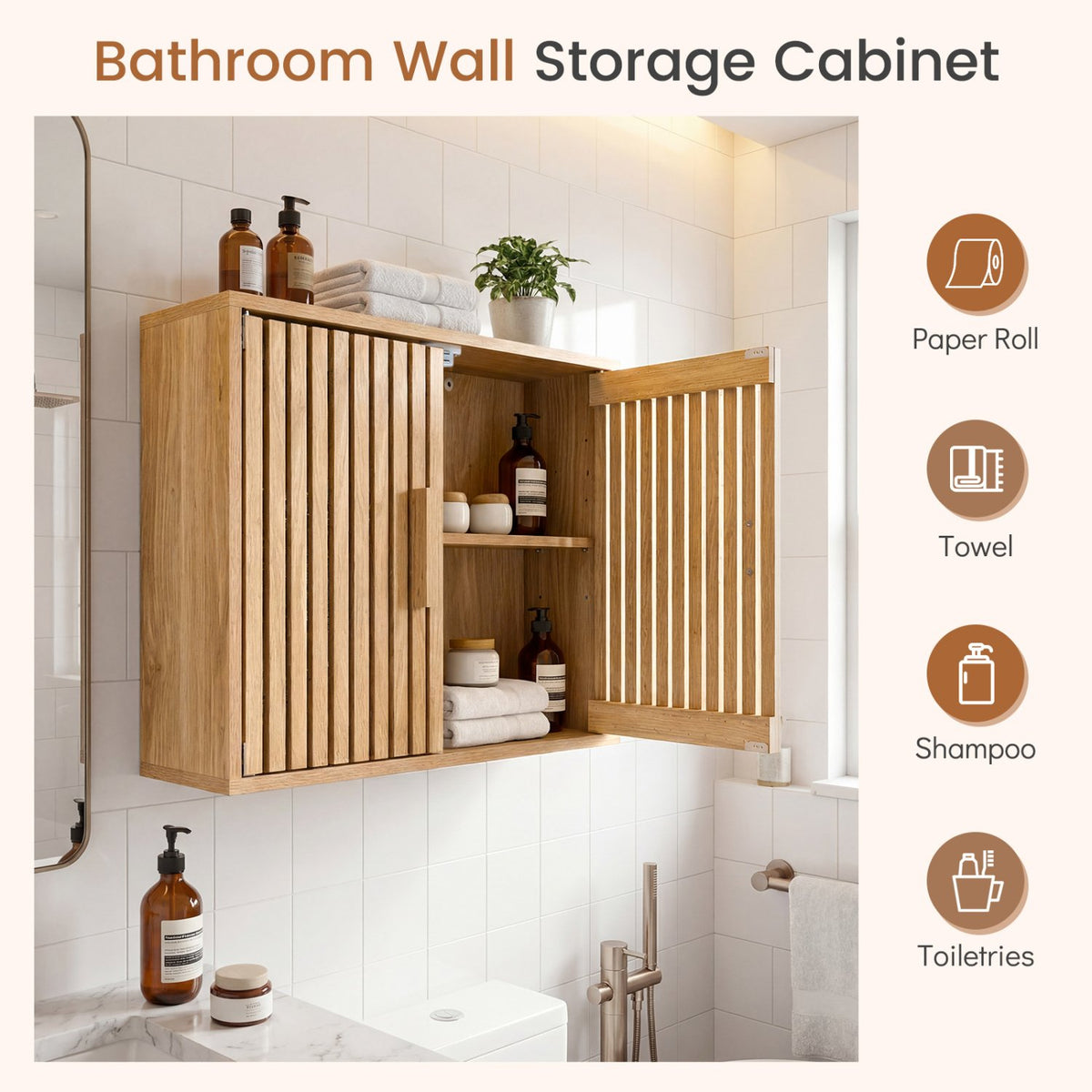 Bathroom Wall Cabinet with 2 Slatted Doors and 3-Level Adjustable Shelves-Natural view 7