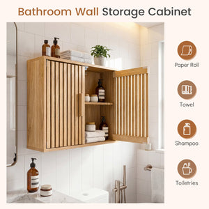 Bathroom Wall Cabinet with 2 Slatted Doors and 3-Level Adjustable Shelves-Natural view 7