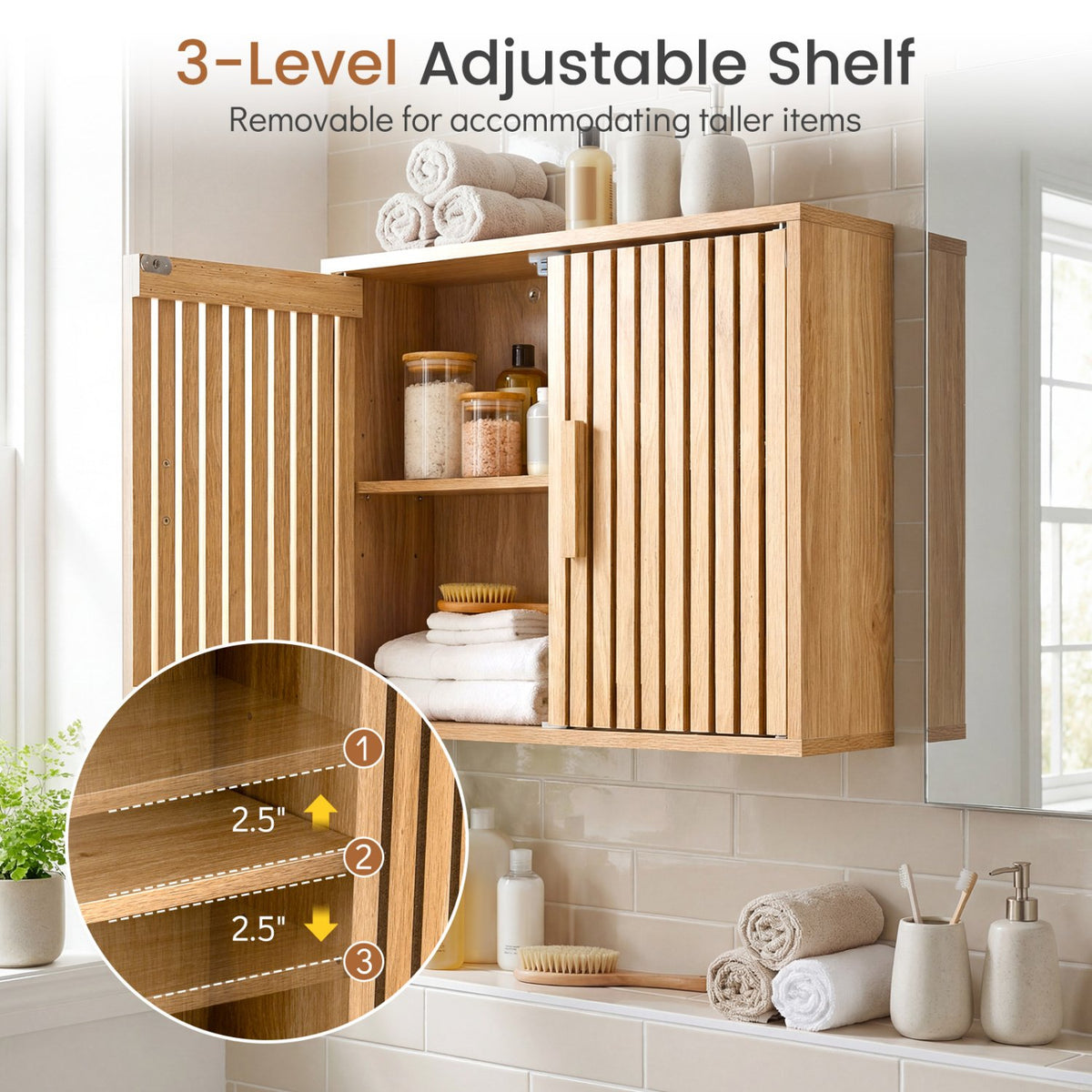 Bathroom Wall Cabinet with 2 Slatted Doors and 3-Level Adjustable Shelves-Natural view 8