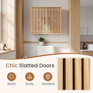 Bathroom Wall Cabinet with 2 Slatted Doors and 3-Level Adjustable Shelves-Natural view 9