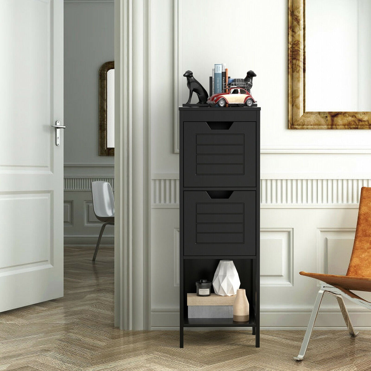 Bathroom Wooden Floor Cabinet Multifunction Storage Rack Stand Organizer-Black view 2