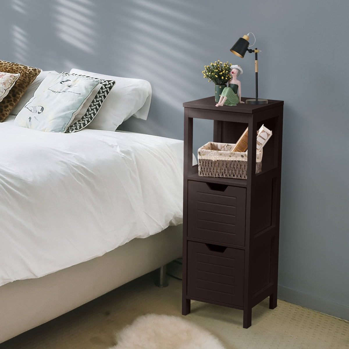 Bathroom Wooden Floor Cabinet Multifunction Storage Rack Stand Organizer-Coffee view 2