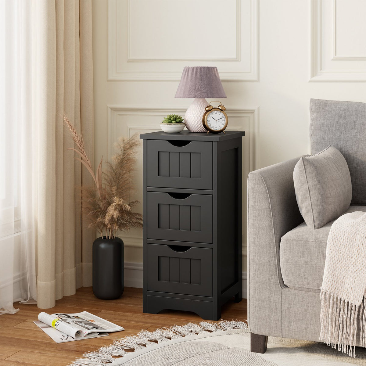 Bathroom Wooden Free Standing Storage Side Floor Cabinet Organizer-3-Tier.-Black view 2