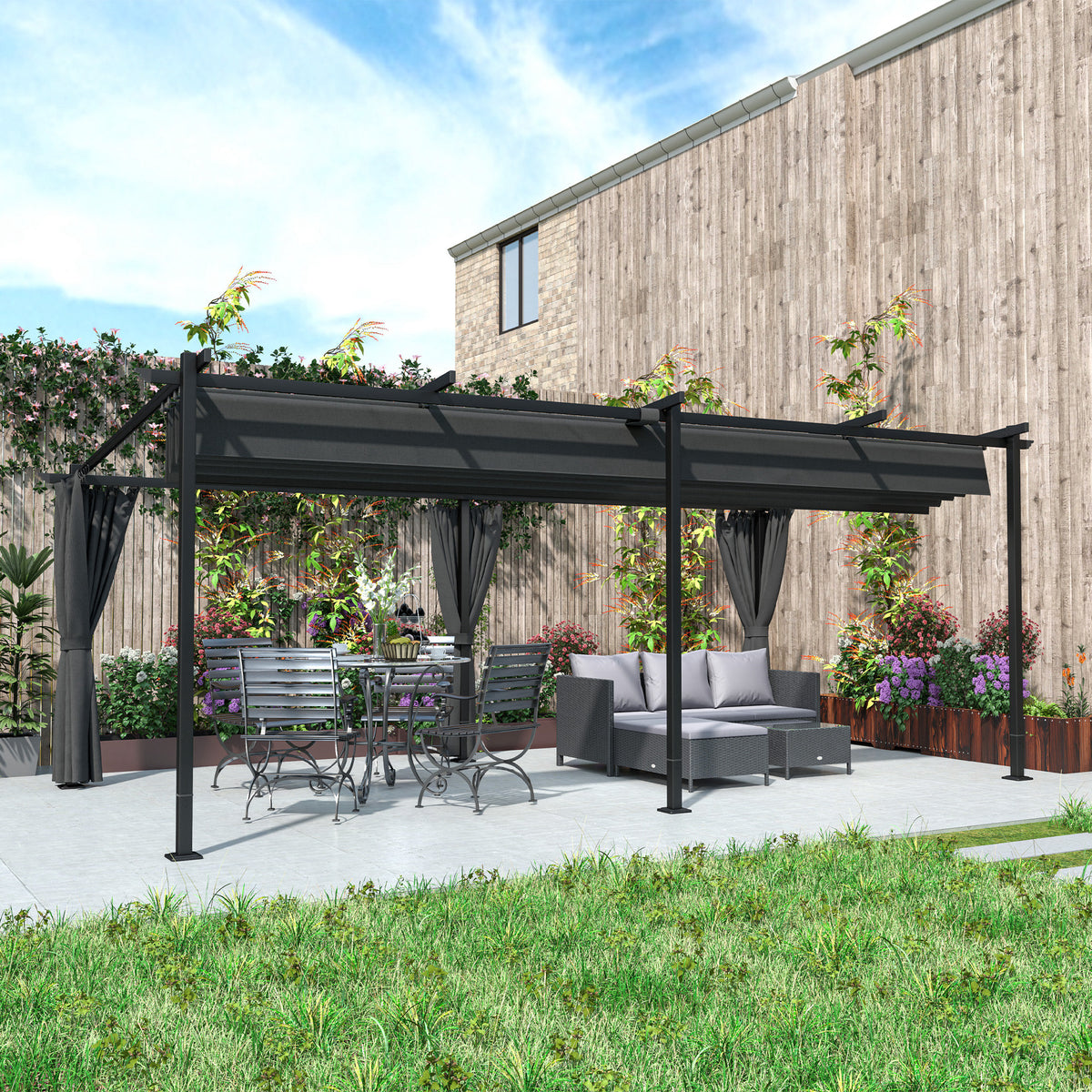 8' x 8.5' Metal Retractable Pergola Canopy with Sidewalls, Outdoor Gazebo UPF30+ Sun Shade Shelter for Garden, Deck
