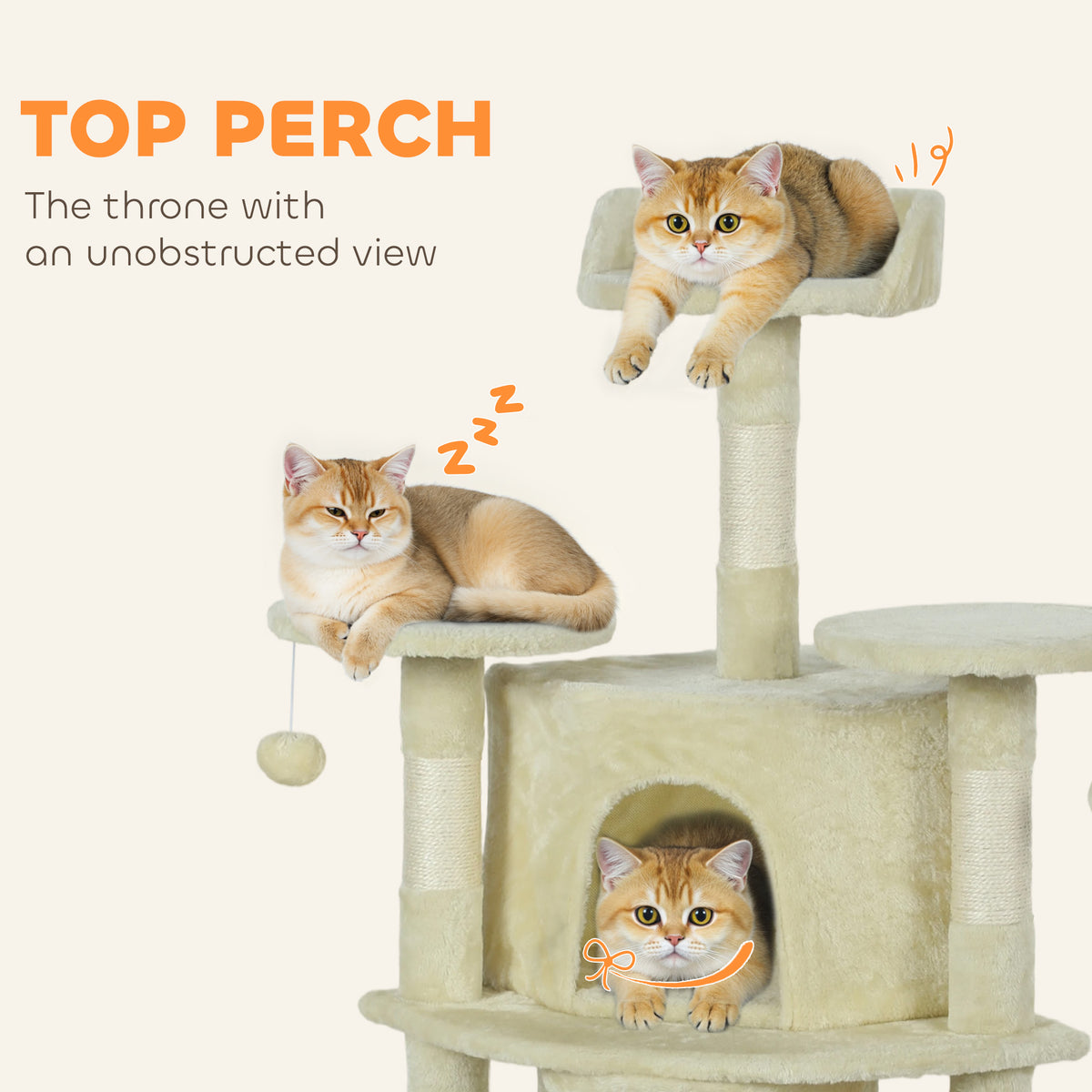 62" Cat Tree with Scratching Post, 2 Condos, Hammock, Perches, Plush, Pompoms, for Indoor Cats, Beige – view 5