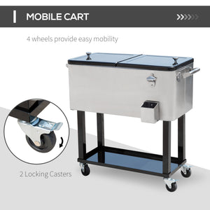 80 Quart Rolling Cooler Cart Ice Beer Beverage Cooling Bin for Outdoor Party, 35.4" x 15.4" x 32.7", Silver