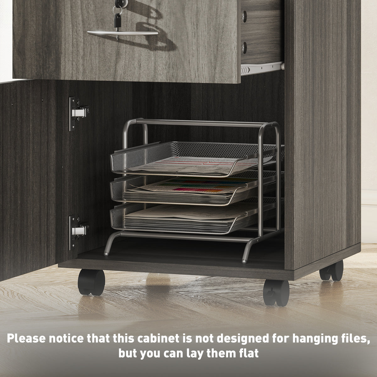 24" Filing Cabinet with Open Compartment, Lockable Drawer and Wheels, Home Office Storage Cabinet, Distressed Grey