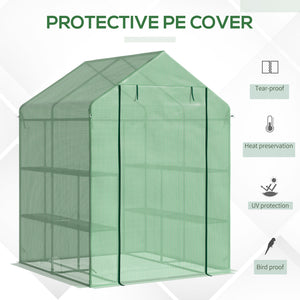 56" x 54" x 74" Walk-in Greenhouse Portable Garden Flower Seed Warm House with 8 Shelves, Outdoor Plant Growth Hot House, PE Cover, Green