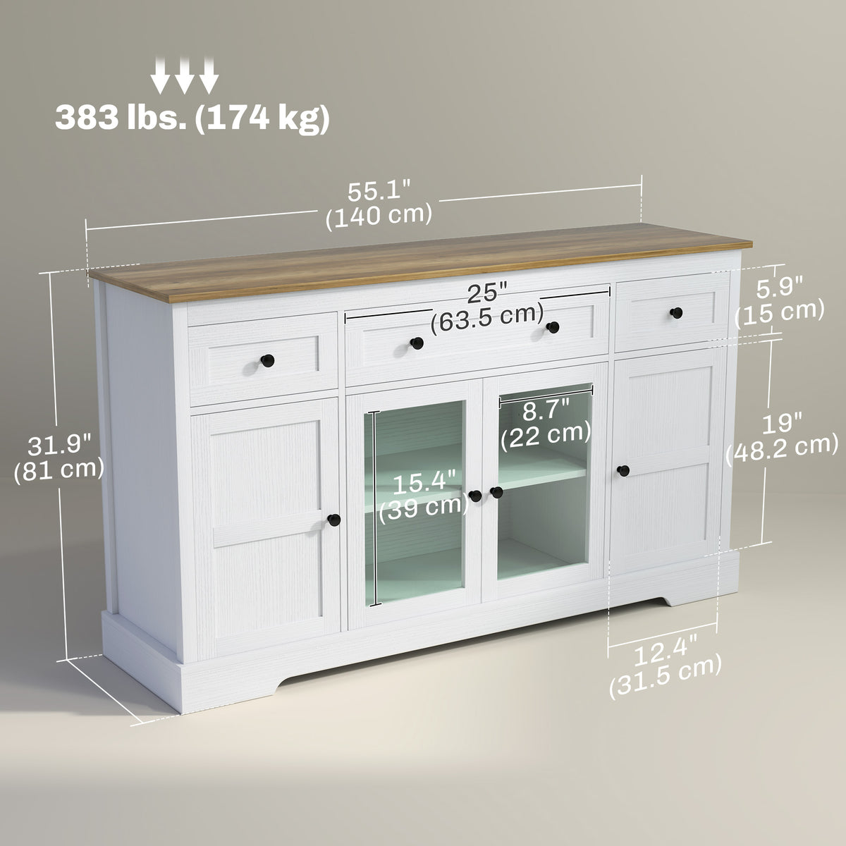 Dining Room Sideboard Buffet Cabinet with Storage, Coffee Bar Cabinet with Glass Doors and Adjustable Shelves, Weathered Grey Oak