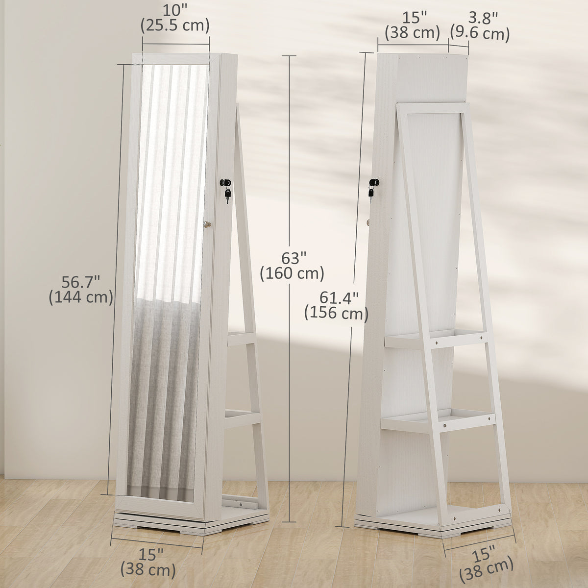 360° Swivel Jewelry Armoire, Lockable Mirror Jewelry Cabinet with Built-In Small Mirror, White – view 2