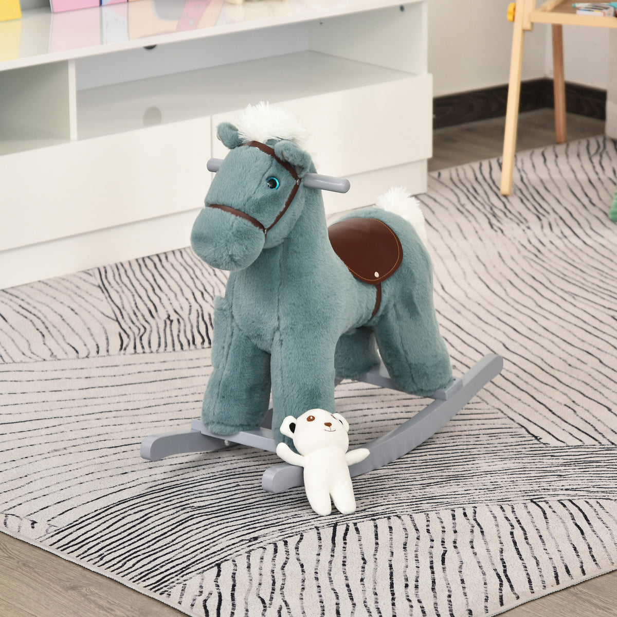 Qaba Kids Rocking Horse Plush Animal on Wooden Rockers with Sounds, Wooden Base and Bear Toy, Baby Rocking Chair