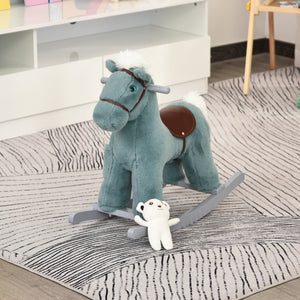 Qaba Kids Rocking Horse Plush Animal on Wooden Rockers with Sounds, Wooden Base and Bear Toy, Baby Rocking Chair