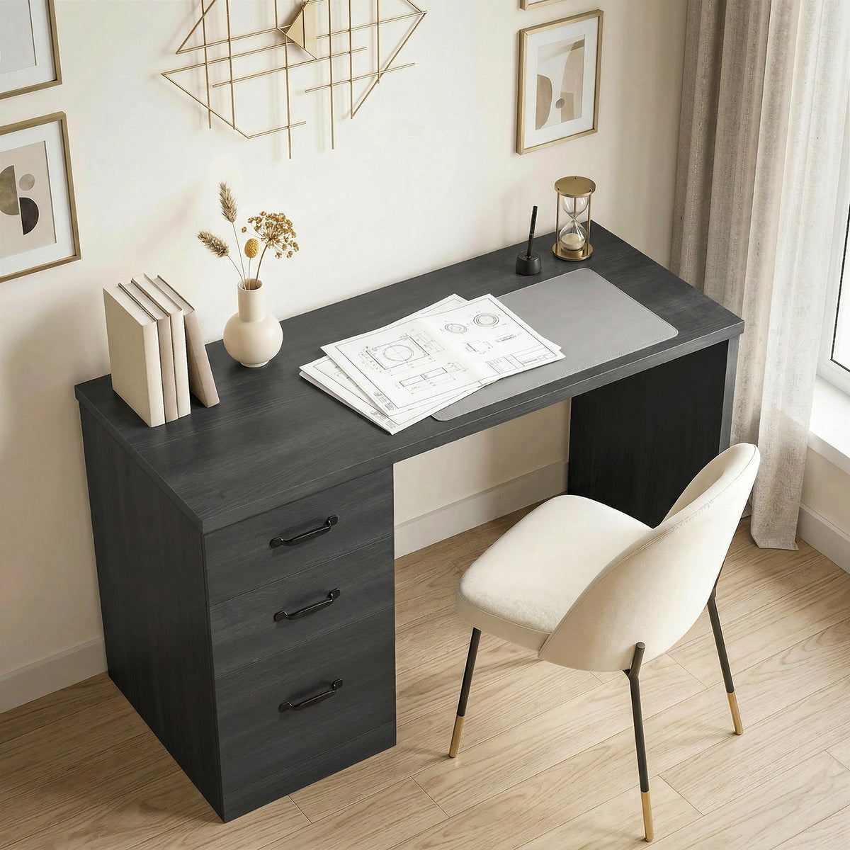 Computer Desk with 3 Drawers, 47" Home Office Desk with Adjustable Hanging Rails for Letter A4 Files, Black