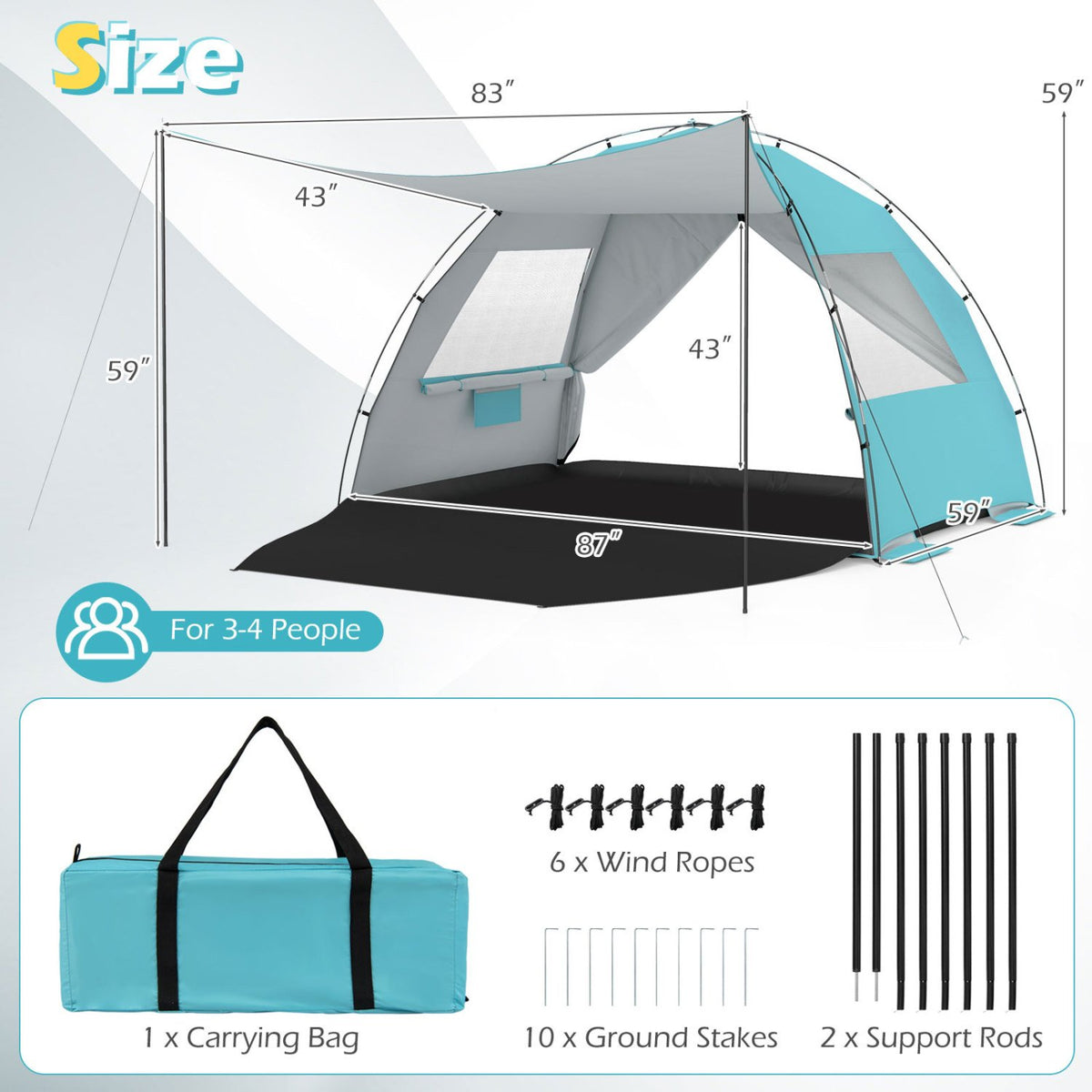 Beach Tent Sun Shelter with Canopy with Extended Floor and Vent Windows-Blue view 4